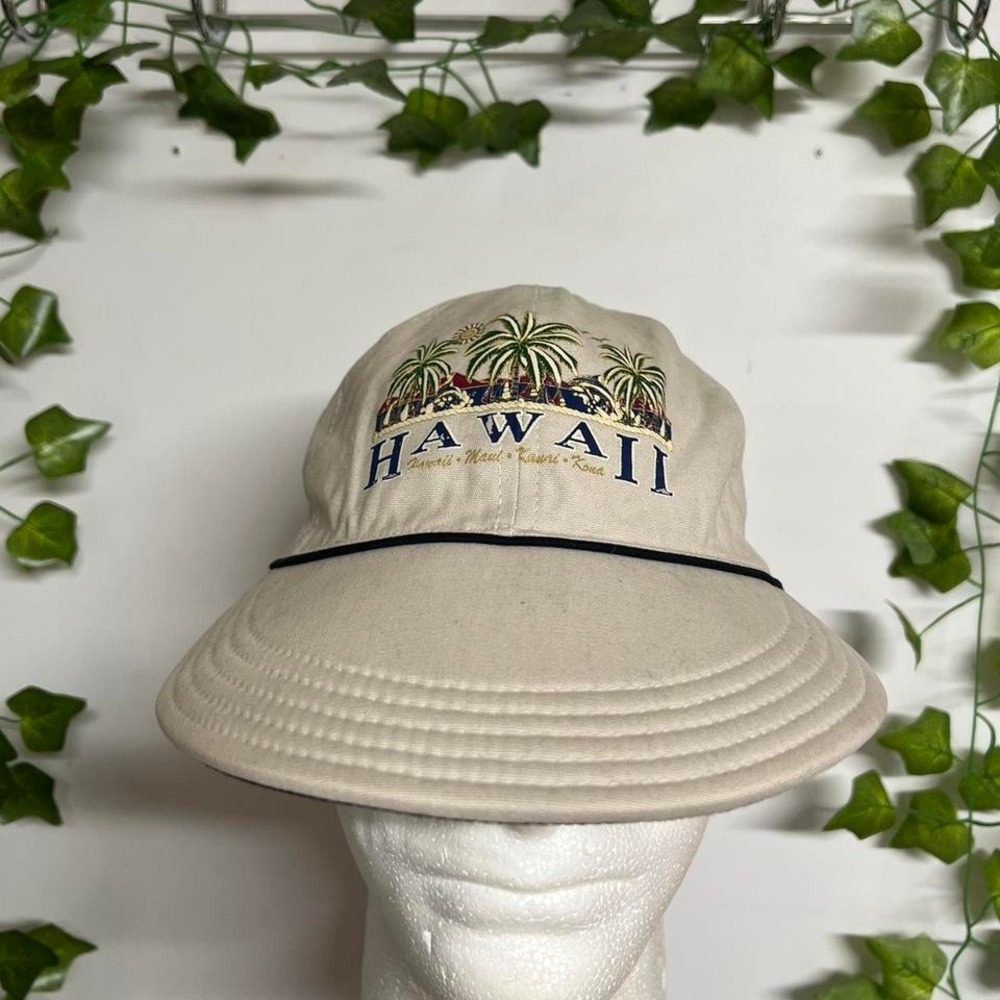 Vintage 90s Hawaii Islands Womens Tie Back Hat Brimmed Soft Beige Cap OSFA USA